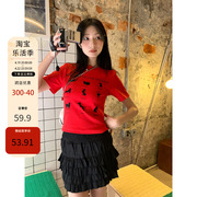 label方 短袖T恤女夏季猫猫动物印花红色修身显瘦圆领上衣ins