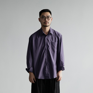 雾撞山野紫色长袖衬衫男廓形宽松休闲日系复古纯色高级感衬衣外套