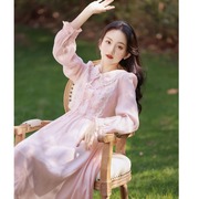 2023春夏小香风甜美时尚气质娃娃领长袖粉色连衣裙仙女公主裙