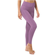 外贸女子瑜伽紧身长裤，速干腰力收腹侧口袋紫色，九分黑色高腰裤