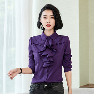 2022秋冬装休闲女衬衫长袖韩版职业装白领工装米白色修身紫色
