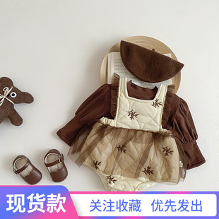 韩版冬装婴儿衣服纱裙两件套加绒打底衫包屁冬季女宝背带哈裙套装