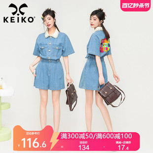 keiko法式复古工装牛仔连体裤女薄款夏季收腰显高显瘦连身衣短裤