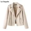 拉夏贝尔lachapelle复古麂皮，绒短款外套女秋季翻领机车夹克上衣