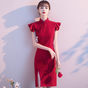 改良旗袍新娘敬酒服春夏复古性感，红色年轻短款连衣裙优雅气质中式