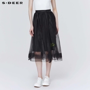 sdeer圣迪奥女装夏季休闲网纱拼接A字型长裙黑色半身裙S20281117