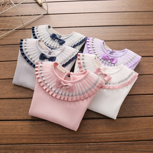 韩版2024春女童雪纺圆领，长袖打底衫公主，婴儿童纯棉花边套头t恤