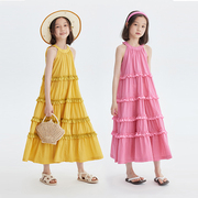 女童连衣裙夏季洋气童装多层花边蛋糕摆度假风中大儿童背心裙
