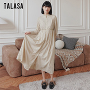 TALASA纯棉设计衬衫立领连衣裙2023秋蕾丝拼接收腰显瘦大摆裙