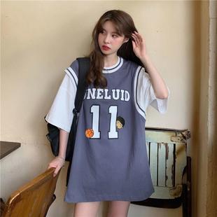女生篮球服女假两件t恤球衣背心，女童篮球衣女款短袖韩版粉色上衣