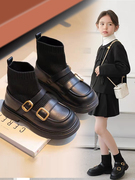 儿童袜靴女童靴子真，软皮黑色短靴袜子鞋，秋季2023英伦风二棉靴