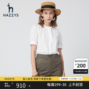 hazzys哈吉斯(哈吉斯)立领花边，短袖衬衫上衣春夏季白色纯棉衬衣短袖上衣女