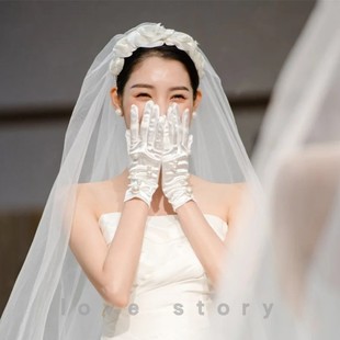 新娘结婚婚纱手套，短款珍珠缎面高档手纱影楼造型旅拍手套白色配饰