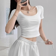 白色圆领短款t恤女短袖纯棉小众高腰露脐紧身半袖，上衣服夏季