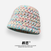 粉蓝色彩虹针织毛线帽女韩国秋冬小众复古感包头冷帽保暖护耳甜美