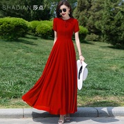 酒红色连衣裙夏季短袖雪纺收腰显瘦到脚踝长裙优雅气质大摆裙