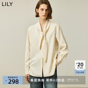 LILY冬新款女装法式优雅蝴蝶结系带领宽松百搭通勤长袖衬衫女