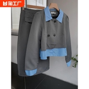 1.4斤韩式套装假两件翻领，长袖西服包臀半身裙aawh721590