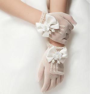 网眼蝴蝶结女童礼服手套婚纱花童白色手套短薄款公主蕾丝儿童手套
