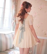 夏季宫廷风蘑菇，扣大裙摆绑带雪纺，短袖连衣裙短裙