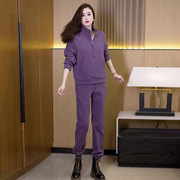 紫色加绒保暖卫衣套装冬季高级感时尚洋气减龄休闲运动服女装