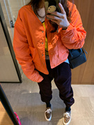 已定韩国2023秋冬季橙色短款薄款洋气军绿色棉服棉衣外套