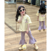 韩版女童套装24夏季可爱卡通，短袖t恤女宝宝时髦坑条喇叭裤两件套