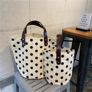 日韩法式复古波点水桶包时尚小清新简约手提帆布袋饭盒购物袋