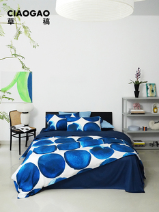 ciaogao原创家纺床品设计度假风民宿样板间水墨，蓝色波点四件套