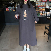 冬季韩国东大门大码女装蝙蝠，袖连帽套头宽松长款加绒厚卫衣裙