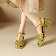 复古罗马文艺风镂空包头凉鞋粗跟真皮编织夏高跟一字扣带凉鞋