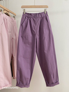 韩国紫色棉麻阔腿裤女夏季薄款宽松显瘦直筒，九分裤休闲哈伦萝卜裤