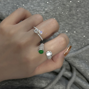 新中式天然玻璃种水沫玉正阳绿绿玉髓开口戒指，时尚镶钻国风食指戒