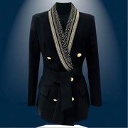 巴尔曼2023欧美高级感修身显瘦重工铆钉系带青果领中长款西装外套