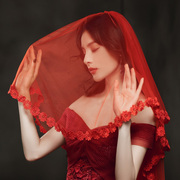 红色头纱新娘主婚纱短款头饰，秀禾服红盖头，结婚复古风蓬蓬简约领证