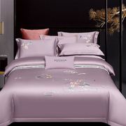 100全棉结婚庆床上被套四件套床单式纯棉紫色粉红色刺绣中式床品