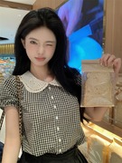 韩系甜美格子短袖衬衫女2024夏季娃娃领显瘦百搭减龄小衫上衣