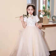 女大童晚礼服中式中国风，白色公主裙，古筝演奏主持人钢琴比赛演出服