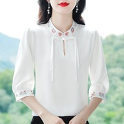 新中式真丝衬衫七分袖女装夏季洋气小衫国风刺绣桑蚕丝上衣潮
