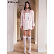 EIMISMOSOL2024春季女士粉色花朵缎面中长款纯色西装外套