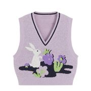 紫色可爱兔子提花针织马甲女秋季田园风无袖外搭叠穿V领毛衣背心