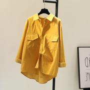 双口袋姜黄色(姜黄色)灯芯绒衬衫，女2024春秋，韩版宽松休闲衬衣短外套潮