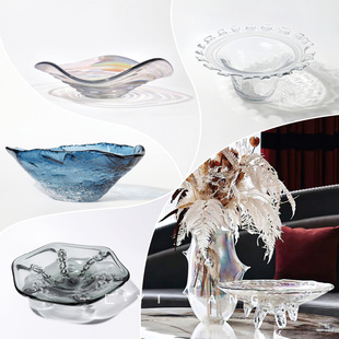 一匚琉璃果盘透明螺纹定制软装客厅茶几样板间，售楼部餐厅托盘摆件