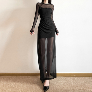 sylcue气质性感网纱镂空长袖，连衣裙女显瘦设计纯欲长裙子个性百搭