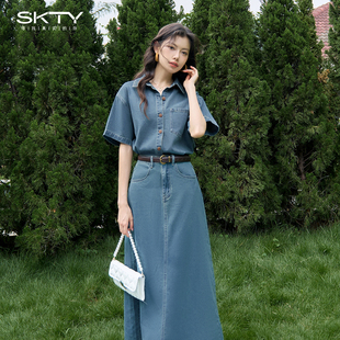 skty蓝色复古牛仔半身裙女套装，2024新气质(新气质，)衬衫短袖上衣显瘦a字裙