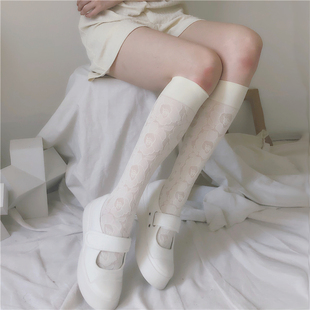日系白色小腿袜子女，可爱中筒ins潮薄款丝袜，春秋蕾丝长筒袜jk黑色