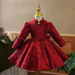 女童礼服轻奢小众高端周岁女宝宝公主裙红色花童儿童主持人演出服