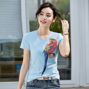 夏季纯棉短袖T恤女V领手工钉珠镶钻大鹦鹉体恤韩版少女学生针织衫