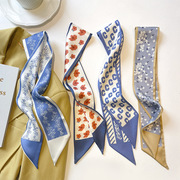日系蓝色简约气质缎面领巾，双层小丝巾，清新文艺学生绑包发带ins风