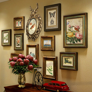 欧式照片墙实木，复古美式相片相框鹿头组合挂墙客厅餐厅背景装饰画